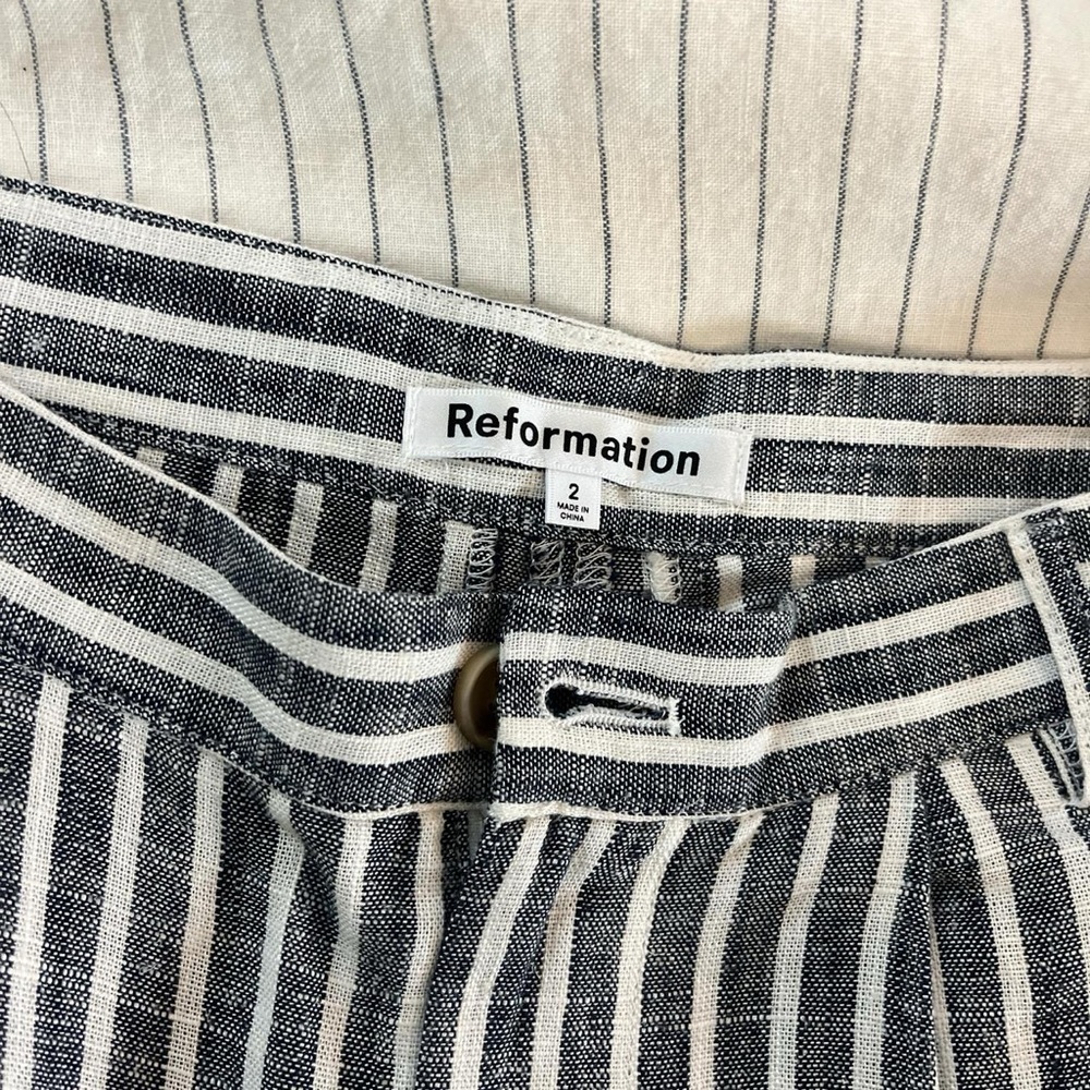 Reformation Linen Navy and White Striped Trousers